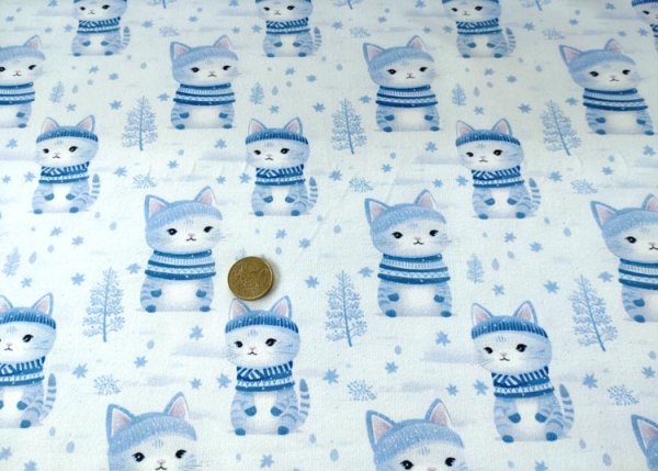 Frozzen Kity Hilco French Terry Kinderstoff Meterware mit Katzen im Schnee